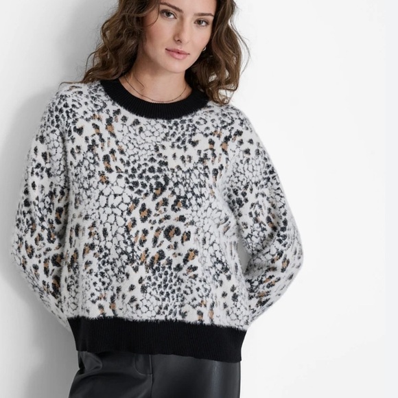 Dkny Women's Faux-Fur Animal-Print Crewneck Sweater - Picture 1 of 7